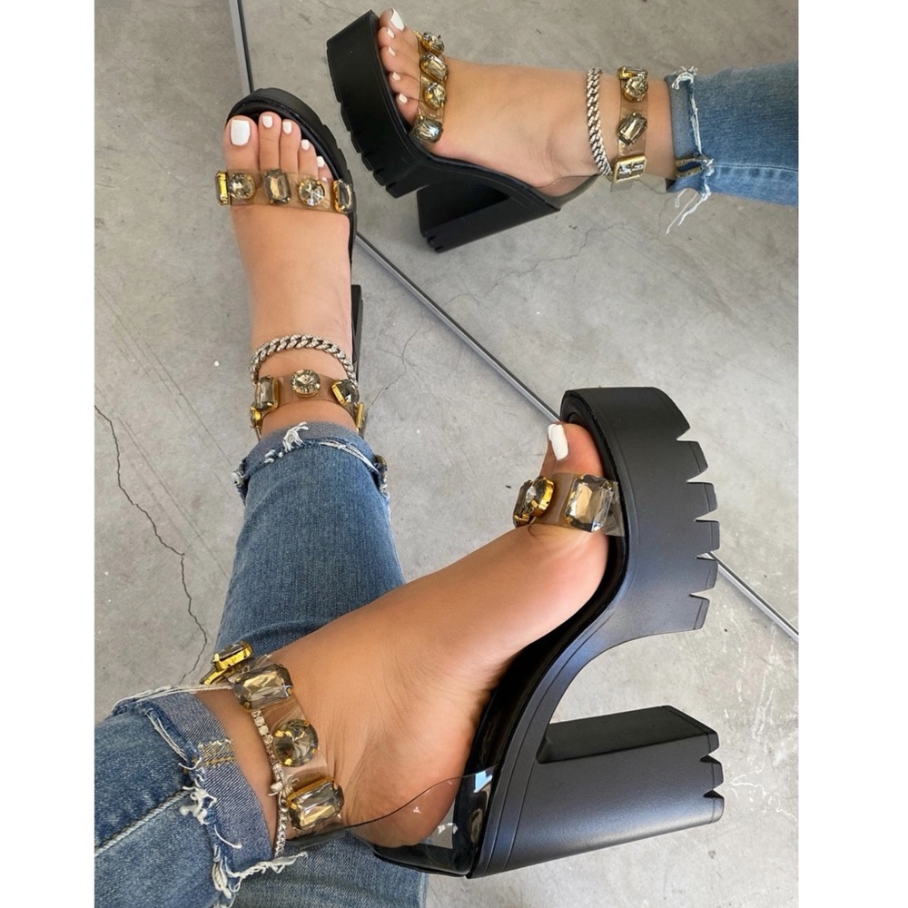 Black Clear Large Gem Detailing Platform Heels - Picture 2 of 8